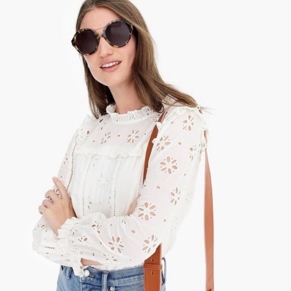 J.Crew ruffle neck long Sleeve eyelet top - white - Picture 1 of 9